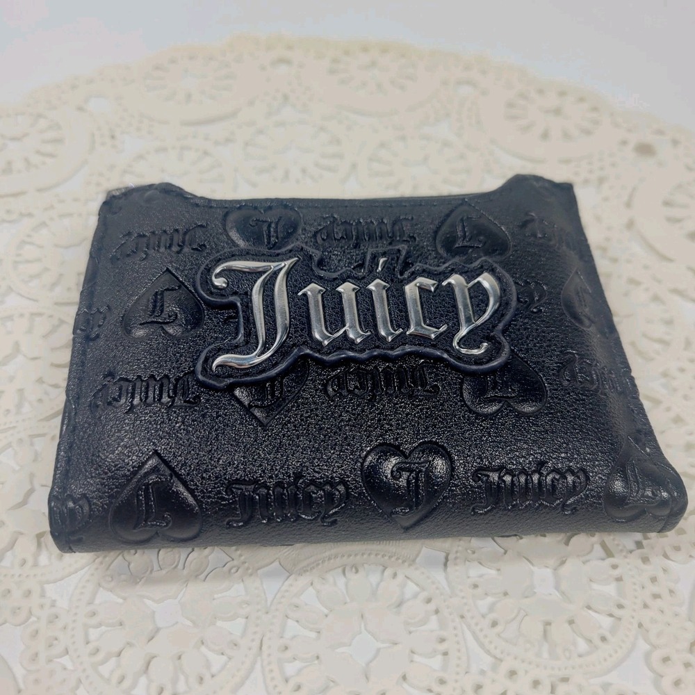 Juicy Couture Black Embossed Compact Folding Wallet Rhinestone Heart Charm - Picture 2 of 6